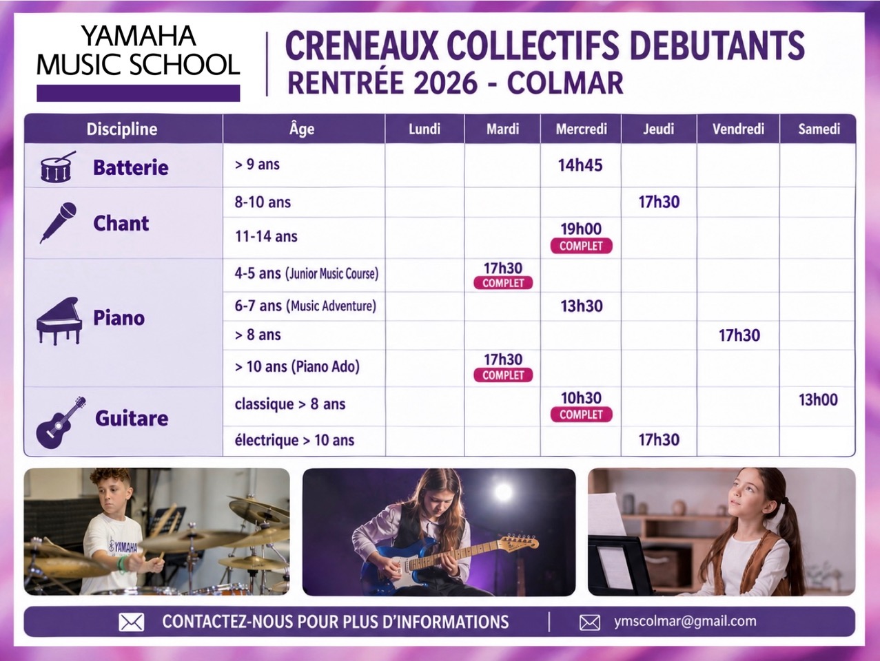 Créneaux collectifs débutants Yamaha Music School Colmar - Rentrée 2026 : batterie, chant, piano et guitare